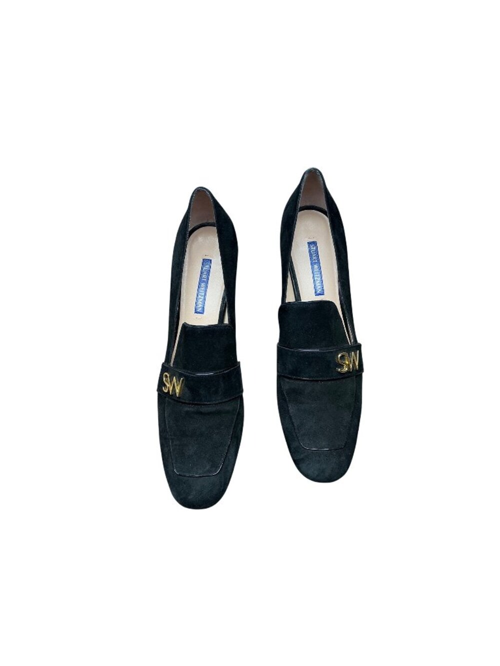 Stuart Weitzman Womenās Black Suede Loafers Gold Detail Flats Size 8.5